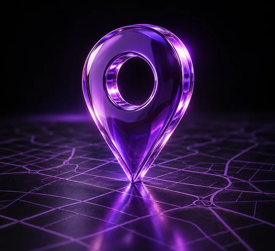 Pino de localização roxo sobre linhas de um mapa